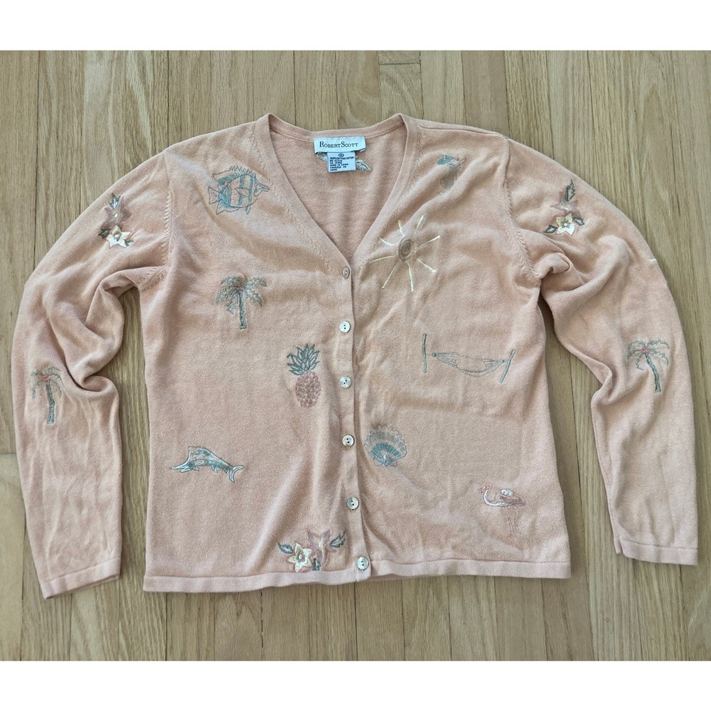 90s Robert Scott Peach Tropical Embroidered V-Neck Cardigan Sweater Beach Summer - Picture 10 of 11
